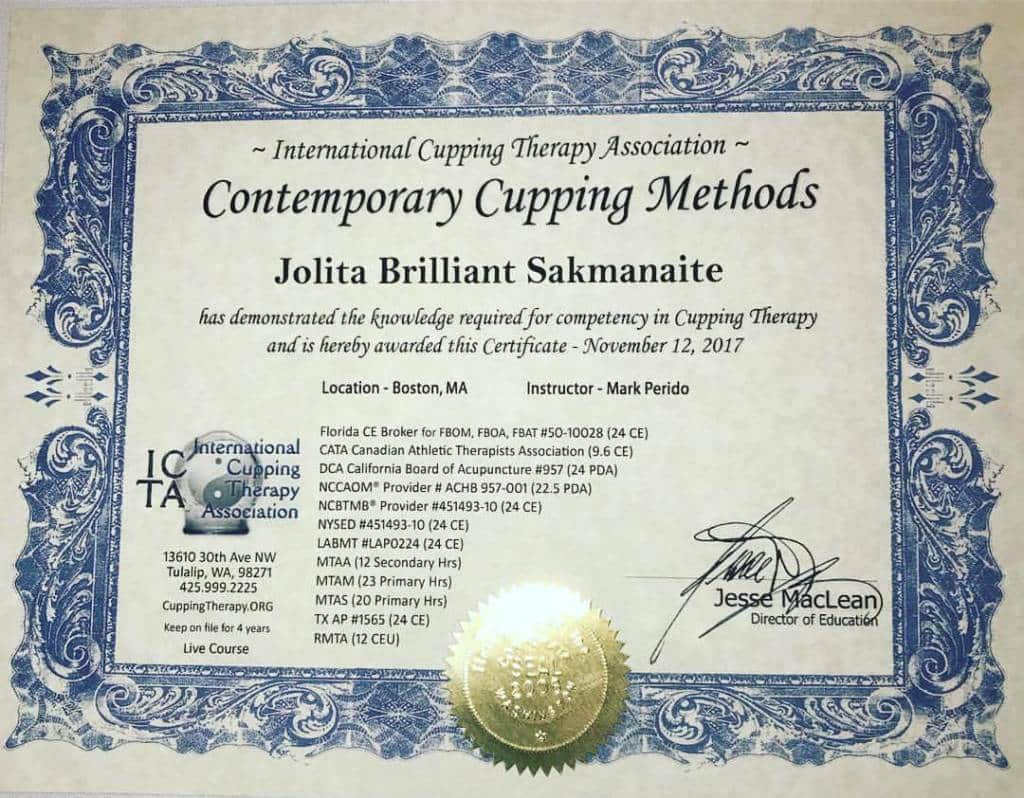 Contemporary Cupping Certificate for massage therapist Jolita Brilliant
