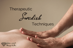 two hands giving a gentle massage on the back: text: therapeutic Swedish techniques