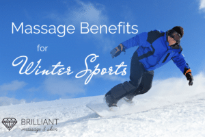man in blue winter jacket snowboarding in thick snow: text: massage benefits for winter sports