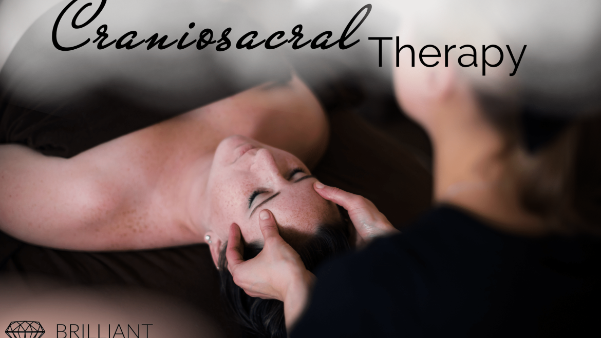 man lying on massage table with masseur in black shirt giving him a neck massage: text: craniosacral therapy