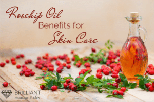 bottle of rosehip oil with some fresh rosehip: text: rosehip oil benefits for skin care
