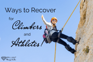a girl in yellow hard hat with back pack signing thumbs up while doing a climb with harness: text: ways to recover for climbers and athletes!