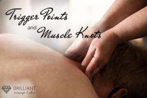man lying on massage table having his shoulder massaged: text: trigger points and muscle knots