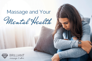 depressed girl in blue long sleeve shirt on her bed: text: Massage and your mental health