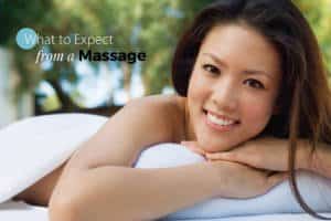 Text "what to expect from a massage" smiling girl lying in a massage table with a towel covering her body