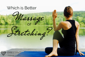 Girl doing some stretching exercise: text: which is better massage or stretching?