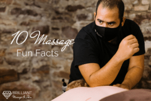 a masseur giving a back massage: text: 10 massage fun facts