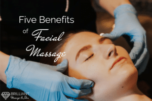 a client with her eyes closed is enjoying a facial massage: text: Five benefits of facial massage
