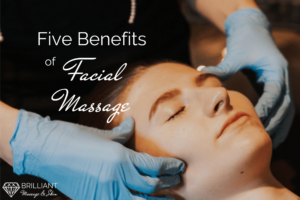 a client with her eyes closed is enjoying a facial massage: text: Five benefits of facial massage