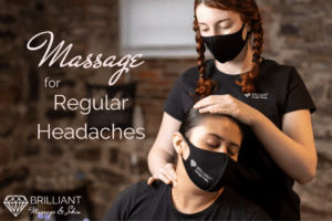 a masseuse giving a neck and head massage: text: massage for regular headaches