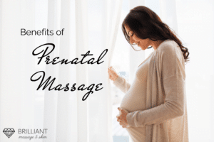 a pregnant lady opening a curtain while holding her tummy: text: benefits of prenatal massage