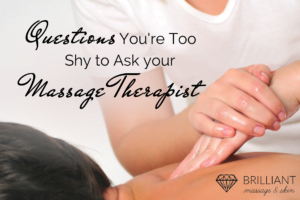 hands with oil giving a back massage: text: questions you'tr too shy to ask your massage therapist
