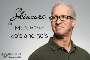 man in brown shirt with eyeglass and white hair: text: skincare for men in their 40's and 50's
