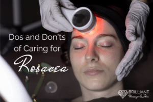 closed-eye girl having a LED light treatment on her face by hands with gloves: text: dos and don'ts of caring for rosacea