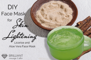 face mask on a tub with licorice powder on a saucer: text DIY face mask for skin lightening