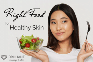beautiful girl holding a fork and healthy foods on a transparent bowl: text: right food for healthy skin