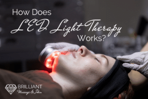 client having LED treatment on her face: text: How does LED light therapy works?