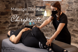 girl having a massage from a masseuse in black with facemask: text: massage therapy and chiropractic