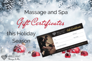Christmas decor with gift card: text: massage and spa gift certificates this holiday season