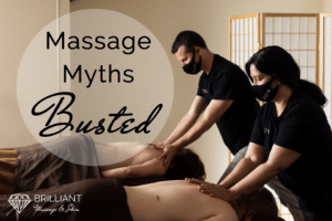 Couples having a couples massage from two therapist: text in circle: massage myths busted