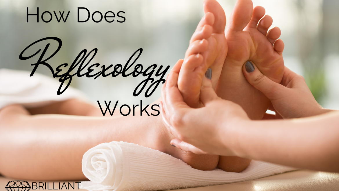 a reflexology treatment given to two feet: text: how does reflexology works