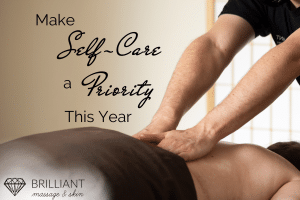 a man having a back massage; text: make self-care a priority this year