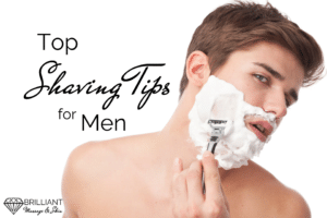 a guy shaving with a razor and shaving foam on his face: text: top shaving tips for men