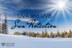 sunshine on winter; text UVA and UVB sun protection