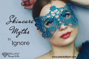 beautiful girl in butterfly shape mask: text: skincare myths to ignore