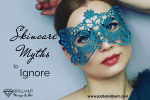 beautiful girl in butterfly shape mask: text: skincare myths to ignore