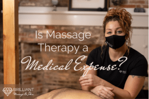 a masseuse in black shirt and black mask giving a massage: text: is massage therapy a medical expense?