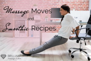 girl in white blouse and gray pants doing some yoga exercise in an office chair: text massage moves and smoothie recipes