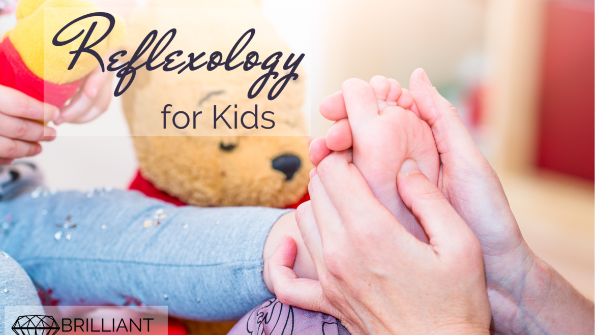 kid with pooh stuff toys having a reflexology: text: Reflexology for kids