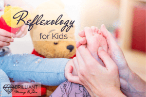 kid with pooh stuff toys having a reflexology: text: Reflexology for kids