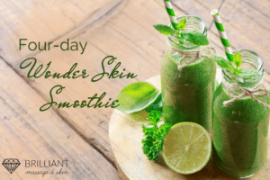 fruits and vegetables on a table: text: four-day wonder skin smoothie