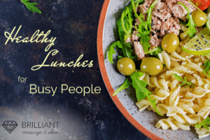 pasta salad with olives, some greens, chiken flakes, tomatoes in a plate:text: healthy lunches for busy people