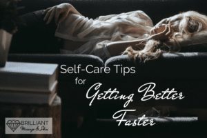 woman lying on a sofa; text; self-care tips for getting better faster