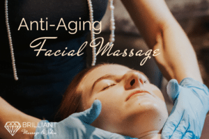 closed-eye client having a facial massage; text: anti-aging facial massage