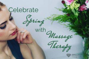 girl looking on a bouquet of flowers; text Celebrate Spring with Massage Therapy