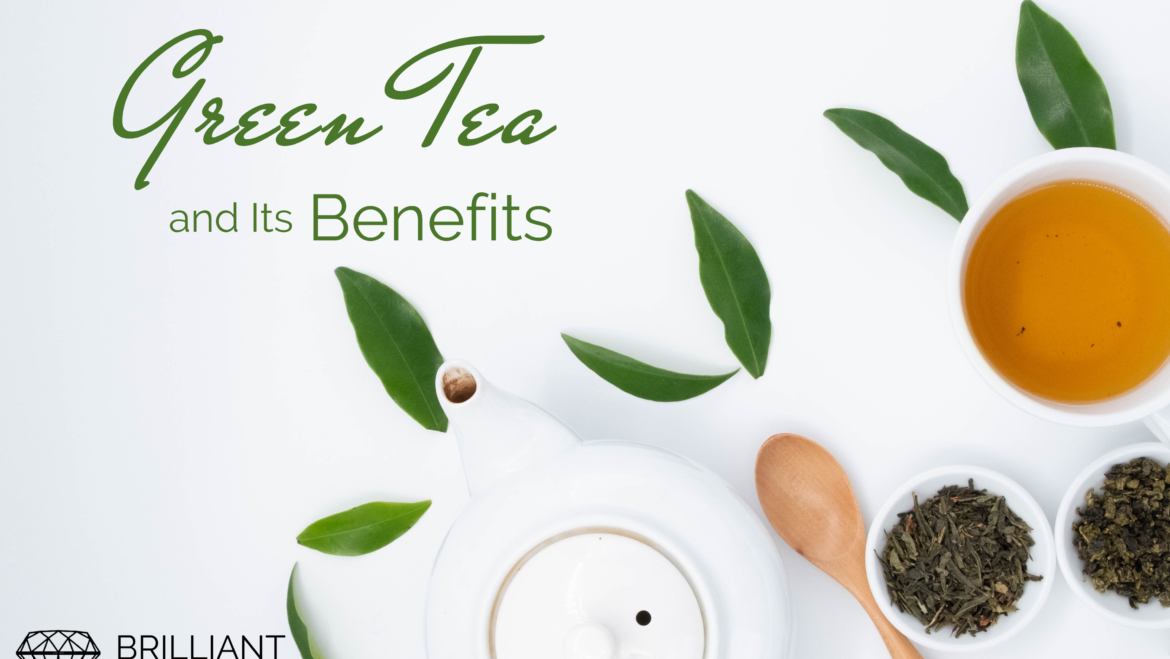 tea kettle with a tea cup and some dried leaves and a spoon: text: green tea and its benefits