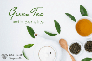 tea kettle with a tea cup and some dried leaves and a spoon: text: green tea and its benefits