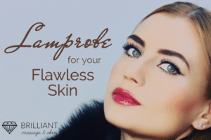 beautiful girl in red lipstick and light make-up: text: lamprobe for your flawless skin
