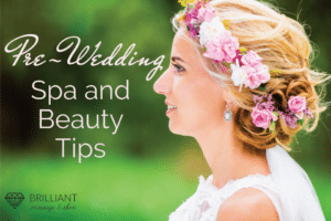 girl on her wedding dress with flower headdress: text: pre-wedding spa and beauty tips