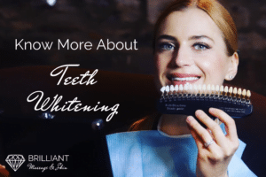 girl with teeth whitening shade identifier: text: know more about teeth whitening