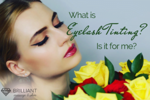 closed eye girl with beautiful yellow roses: text: what is eyelash tinting? is it for me?
