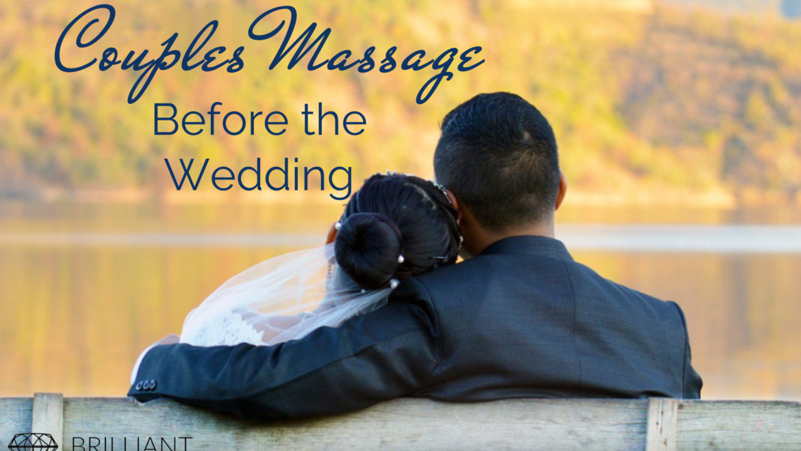 couples on their wedding suit sitting on a bench: text: couples massage before the wedding