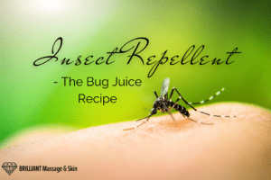 mosquito on someone's skin: text: insect repellent - the bug juice recipe
