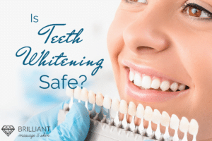 girl checking her tooth shade: text: is teeth whitening safe?