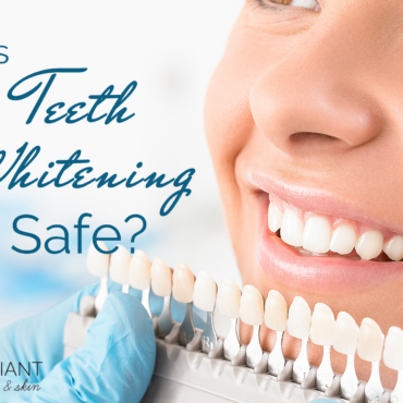girl checking her tooth shade: text: is teeth whitening safe?