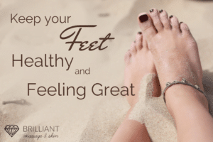 healthy feet enjoying the sand; text; Keep your feet healthy and feeling great